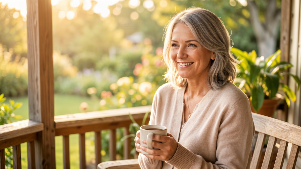 A woman in her late 50s enjoying a quiet morning coffee on the porch